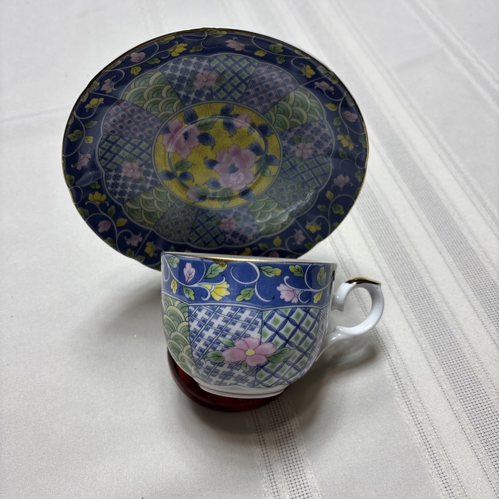GUMP Botan Imari Tea Cup & Saucer Asian Blue Pink Green Yellow Floral